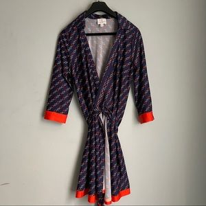 Like new JB by Julie Brown Wrap Dress | Size L | Red & Blue Chain Pattern